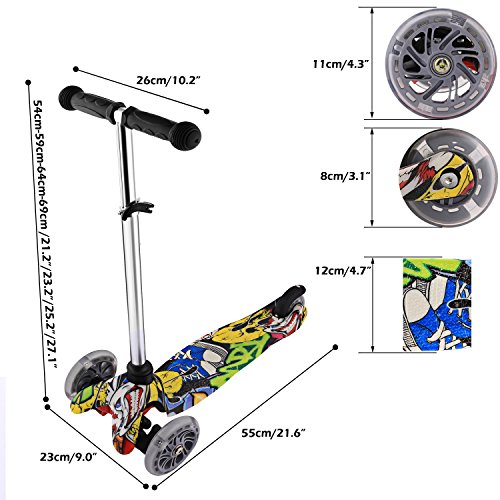 Profun Patinete 3 Ruedas Patinete Niño Scooter con 3 Ruedas Flash Patinete Niña con Luces Altura de Manillar Ajustable de 54CM a 69CM Ideal para Niños de 3 - 12 años(Menores de 1,2 m)(Graffiti)