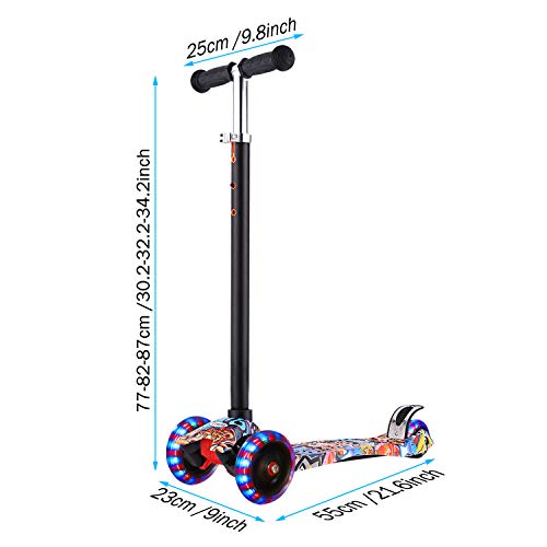 Profun Patinete 3 Ruedas Patinete para Niños Scooter con 4 Ruedas Flash Patinete con Luces Altura de Manillar Ajustable de 77CM a 87CM Ideal para Niños de 3 - 10 años(Menores de 1,4 m)(Graffiti 5)