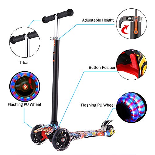 Profun Patinete 3 Ruedas Patinete para Niños Scooter con 4 Ruedas Flash Patinete con Luces Altura de Manillar Ajustable de 77CM a 87CM Ideal para Niños de 3 - 10 años(Menores de 1,4 m)(Graffiti 5)