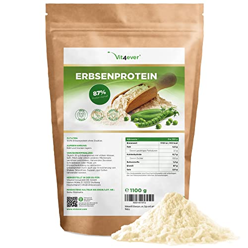 Proteína de guisante en polvo 1,1 kg / 1100 g - 87% de contenido proteico - 100% de proteína de guisante aislada - Origen Bélgica - Vegano - Proteína pura en polvo - Sin gluten, soja ni lactosa