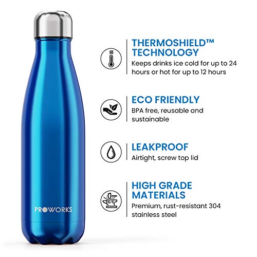 Proworks Botellas de Agua Deportiva de Acero Inoxidable | Cantimplora Termo con Doble Aislamiento para 12 Horas de Bebida Caliente y 24 Horas de Bebida Fría - Libre de BPA - 1L - Azul Metalizado