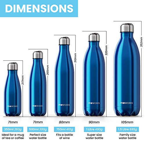 Proworks Botellas de Agua Deportiva de Acero Inoxidable | Cantimplora Termo con Doble Aislamiento para 12 Horas de Bebida Caliente y 24 Horas de Bebida Fría - Libre de BPA - 1L - Azul Metalizado