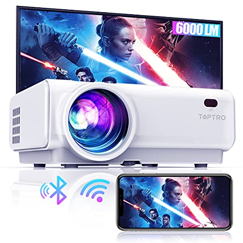 Proyector WiFi Bluetooth, 6000 Lúmenes TOPTRO Proyector Soporte 1080P Full HD, Mini Proyector Portátil, Zoom X/Y, Proyector WiFi LED 100000H, Proyector para movil/Fire TV Stick/PS5 con Cable HDMI y AV