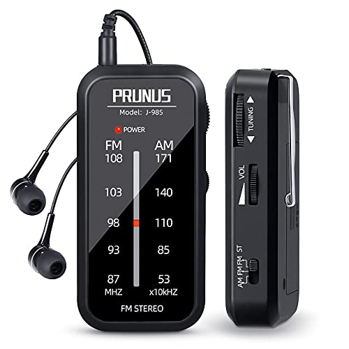 PRUNUS J-985 Transistores Radio de Bolsillo FM/Am, Radio Portatil Pequeña con Auriculares (Estéreo en Modo de FM-ST) Radio Pilas Pequeña Funciona con 2 Pilas AAA, Clip Trasero, para Caminar y Viajar.