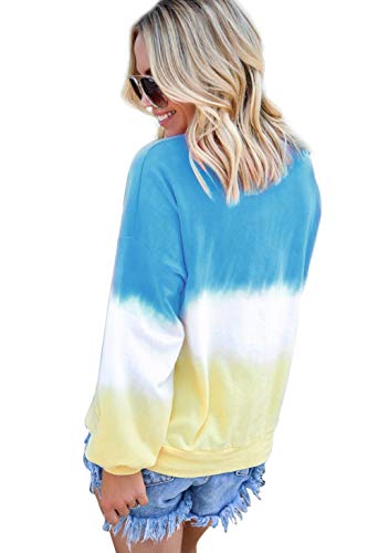 Pullover-Mujer Cuello-Redondo Manga-Larga Tie-Dye Sudaderas-Casuales Loose-Tops Azul 4XL