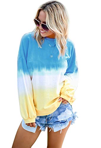 Pullover-Mujer Cuello-Redondo Manga-Larga Tie-Dye Sudaderas-Casuales Loose-Tops Azul 4XL