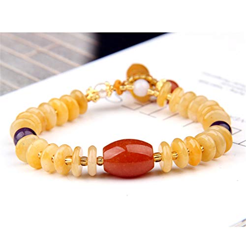 Pulsera elástica de cuarcita de jade de dragón amarillo natural Huang Jade largo Jade imperial Jade de seda dorada Cuarzo Roca Calabaza Cuentas de ábaco Pulseras la suerte Regalo para mujeres/hombres