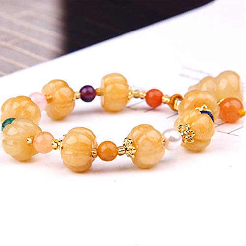 Pulsera elástica de cuarcita de jade de dragón amarillo natural Huang Jade largo Jade imperial Jade de seda dorada Cuarzo Roca Calabaza Cuentas de ábaco Pulseras la suerte Regalo para mujeres/hombres