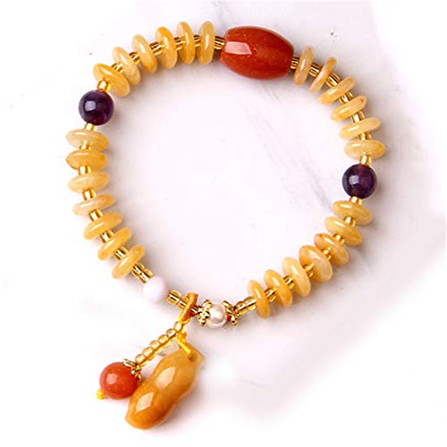 Pulsera elástica de cuarcita de jade de dragón amarillo natural Huang Jade largo Jade imperial Jade de seda dorada Cuarzo Roca Calabaza Cuentas de ábaco Pulseras la suerte Regalo para mujeres/hombres