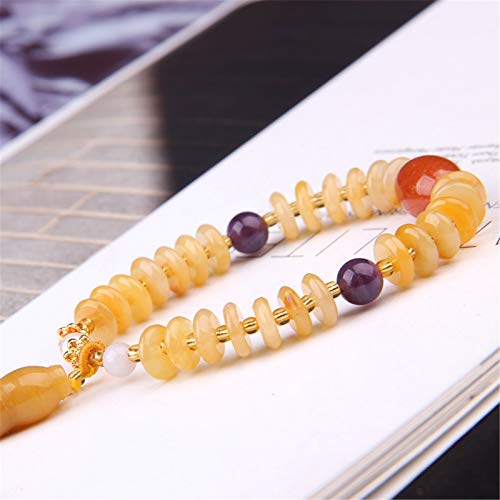 Pulsera elástica de cuarcita de jade de dragón amarillo natural Huang Jade largo Jade imperial Jade de seda dorada Cuarzo Roca Calabaza Cuentas de ábaco Pulseras la suerte Regalo para mujeres/hombres