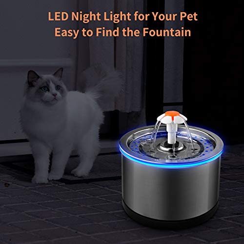 PUPPY KITTY Fuente para Gatos, 2.5L Bebedero Gatos y Perros de Acero Inoxidable, Súper Silencioso con Filtro de Repuesto para algodón / Bomba / luz LED, Evita la Quema en seco.