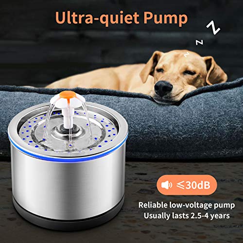 PUPPY KITTY Fuente para Gatos, 2.5L Bebedero Gatos y Perros de Acero Inoxidable, Súper Silencioso con Filtro de Repuesto para algodón / Bomba / luz LED, Evita la Quema en seco.