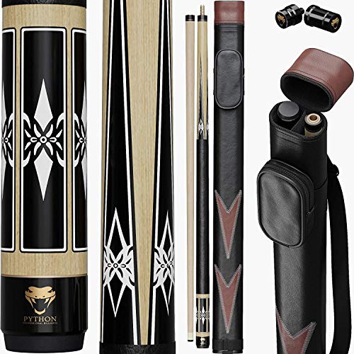 Python - 2- Pieces Pool Cue Stick 100% Canadian Maple Wood. Professional Billiard Pool Cue Stick with Hard Case and Joint Protectors