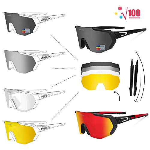 Queshark Gafas De Sol Polarizadas para Ciclismo con 5 Lentes Intercambiables, Protección UVA & UVB, Bicicleta de Carretera MTB Gafas de Ciclismo,Certificación CE