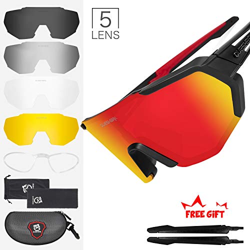 Queshark Gafas De Sol Polarizadas para Ciclismo con 5 Lentes Intercambiables, Protección UVA & UVB, Bicicleta de Carretera MTB Gafas de Ciclismo,Certificación CE