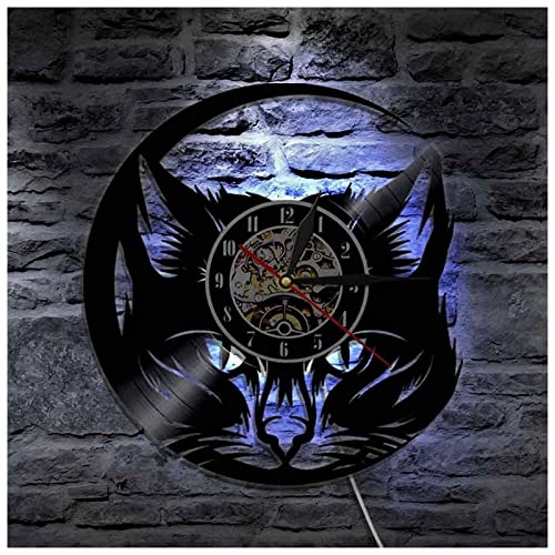 QWEEI Reloj de Pared Miau Cabeza de Gato Reloj de Pared Disco Negro Arte de Pared Decoración de Boutique de Gatos Animales Vintage Amantes de los Gatos Decoración del Hogar Reloj,with Lights,12 Inch