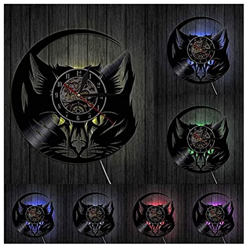 QWEEI Reloj de Pared Miau Cabeza de Gato Reloj de Pared Disco Negro Arte de Pared Decoración de Boutique de Gatos Animales Vintage Amantes de los Gatos Decoración del Hogar Reloj,with Lights,12 Inch