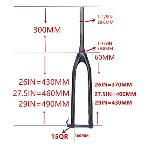 QXFJ 26/27.5/29 Pulgadas Horquilla de Bicicleta MTB Horquilla,Horquilla RíGida Fibra Carbono/Tubo CóNico 28.6 * 39.8 * 300 Mm/Engranaje Abierto 100 Mm/Eje Barril 15 Mm