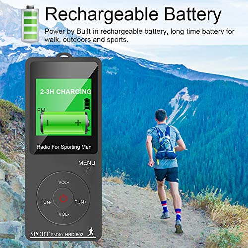 Radio de bolsillo Digital, Am FM Radio Pequeñas Portatil Recargables USB Radios con Auriculares, Podómetro, Temporizador de sueño y Reloj, Auto-búsqueda y Memorización, para caminar, trotar, deportiva