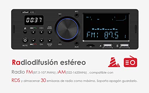 RDS Radio Coche, ieGeek Autoradio Bluetooth 1DIN Estéreo, 60W X 4 Soporta FM/AM/FLAC/AUX/MP3/WMA/WAV/Control Remoto/Manos Libres, Reloj de visualización, Capacidad para 30 Emisoras