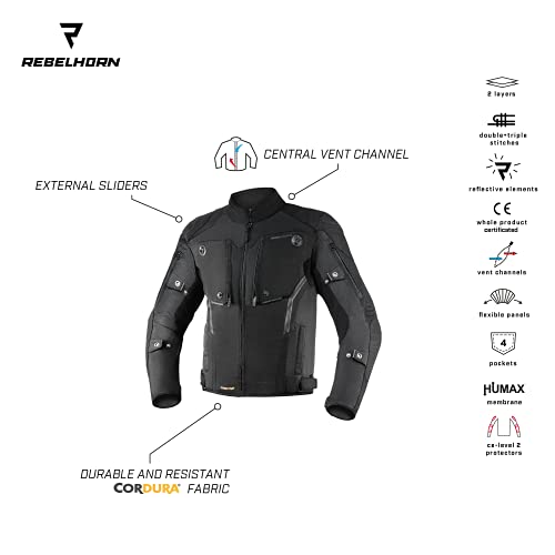 REBELHORN Borg Chaqueta de Moto Urbana Cordura Humax Membrana Protectores de hombros y codos Deslizadores 10 Canales de ventilación Elementos reflectantes Bolsillo móvil de neopreno