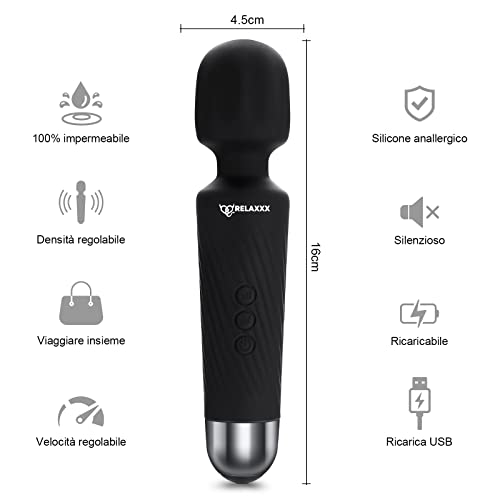 RELAXXX Masajeador Eléctrica Recargable Wand Massager - Con 20 patrones de vibración y 8 velocidades - Carga por USB - (Negro) (Negro)