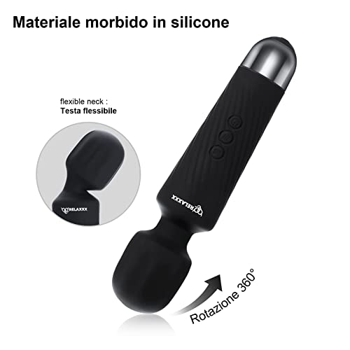 RELAXXX Masajeador Eléctrica Recargable Wand Massager - Con 20 patrones de vibración y 8 velocidades - Carga por USB - (Negro) (Negro)