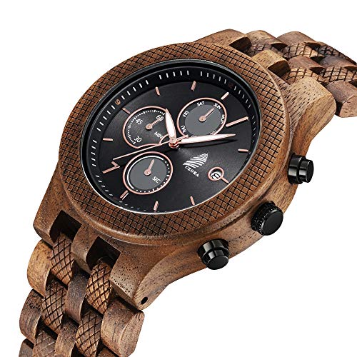 Reloj De Madera para Hombres, CZOKA Reloj de Movimiento de Cuarzo japonés con Pantalla analógica para Hombres con Pulsera de Pterocarpus soyauxii sándalo (Black Walnut)