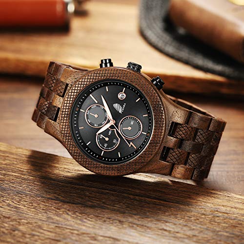 Reloj De Madera para Hombres, CZOKA Reloj de Movimiento de Cuarzo japonés con Pantalla analógica para Hombres con Pulsera de Pterocarpus soyauxii sándalo (Black Walnut)