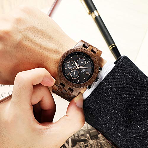 Reloj De Madera para Hombres, CZOKA Reloj de Movimiento de Cuarzo japonés con Pantalla analógica para Hombres con Pulsera de Pterocarpus soyauxii sándalo (Black Walnut)