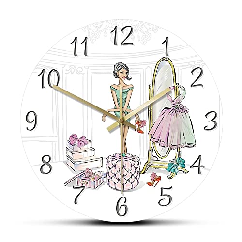 Reloj de Pared Glamour Fashion Girl Toggery Reloj de Pared silencioso Lujo Beauty Lady Closet Zapatos de Compras Boutique Reloj Decorativo Reloj de Pared