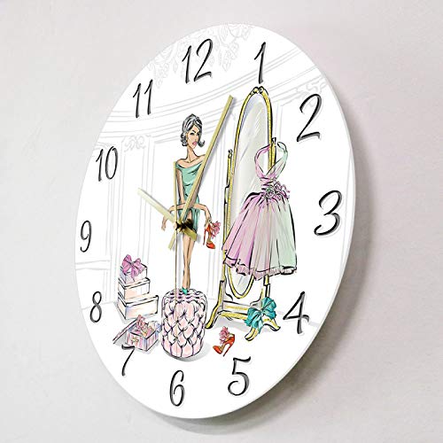 Reloj de Pared Glamour Fashion Girl Toggery Reloj de Pared silencioso Lujo Beauty Lady Closet Zapatos de Compras Boutique Reloj Decorativo Reloj de Pared