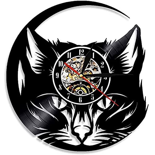 Reloj de Pared Miau Cabeza de Gato Reloj de Pared Disco Negro Arte de Pared Decoración de Boutique de Gatos Animales Vintage Amantes de los Gatos Decoración del Hogar Reloj,Without lights,12 INCH