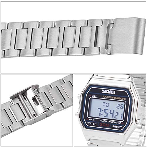 Reloj Electrónico 3 Colores Reloj Digital LED Correa de Acero Inoxidable Esfera Rectangular(Plata) (Plata)