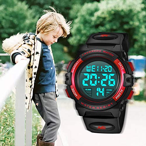 Reloj Niño,Reloj Digital para Niños, Deportivos LED 5ATM Impermeable Alarma Calendario Multifunción Cronógrafo Reloj De Pulsera para Niños Rojo Negro