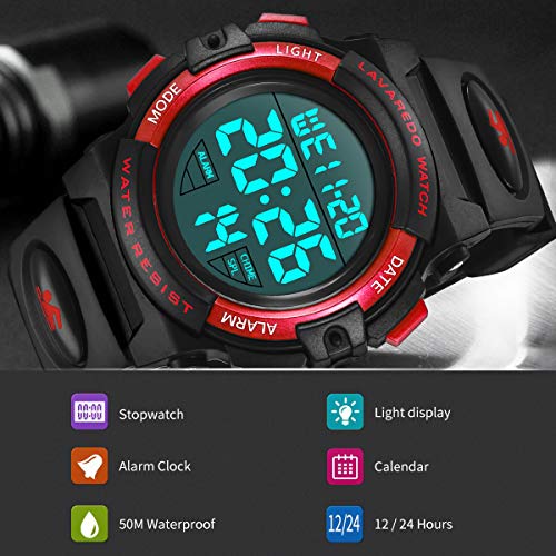 Reloj Niño,Reloj Digital para Niños, Deportivos LED 5ATM Impermeable Alarma Calendario Multifunción Cronógrafo Reloj De Pulsera para Niños Rojo Negro