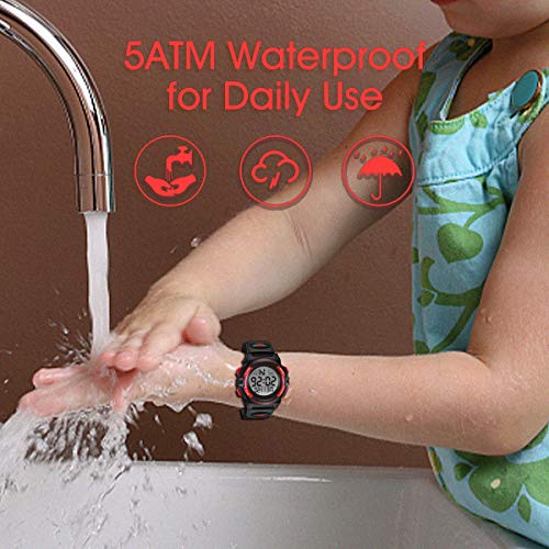 Reloj Niño,Reloj Digital para Niños, Deportivos LED 5ATM Impermeable Alarma Calendario Multifunción Cronógrafo Reloj De Pulsera para Niños Rojo Negro