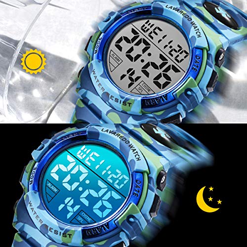 Reloj para Niños de 6 a 15 Años, Cronógrafo Multifuncional Deportivo Digital para Exteriores LED 64 M Reloj Despertador Resistente al Agua Analógico para Niños con Banda de Silicona Azul