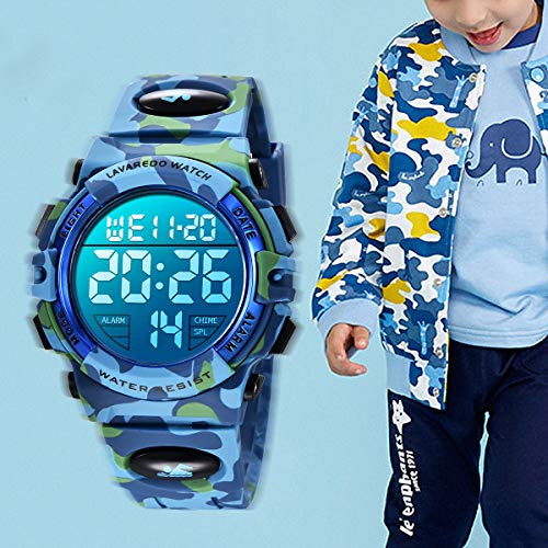 Reloj para Niños de 6 a 15 Años, Cronógrafo Multifuncional Deportivo Digital para Exteriores LED 64 M Reloj Despertador Resistente al Agua Analógico para Niños con Banda de Silicona Azul