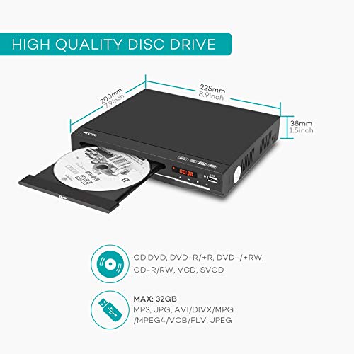 Reproductor de DVD KCR para TV, DVD / CD / MP3 / AVI con conector USB, salida HDMI y AV (cable HDMI y AV incluido), control remoto, para todas las regiones