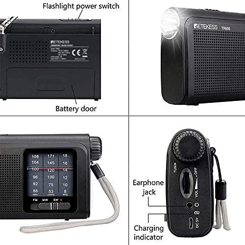 Retekess TR605 Radio Portátil, Radio Analógica AM SW FM, Batería Recargable 1200 mAh, con Linterna de Emergencia, Dial de Pantalla Grande, Perilla de Sintonización Cilíndrica, para Personas Mayores