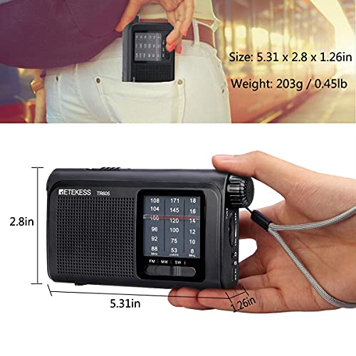 Retekess TR605 Radio Portátil, Radio Analógica AM SW FM, Batería Recargable 1200 mAh, con Linterna de Emergencia, Dial de Pantalla Grande, Perilla de Sintonización Cilíndrica, para Personas Mayores