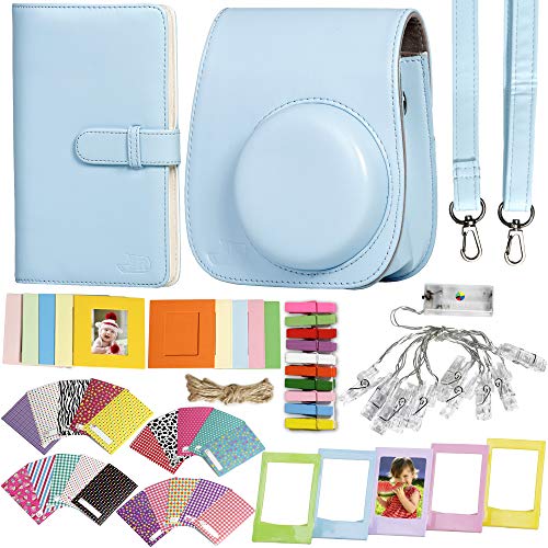 Revefilms, Funda y Accesorios compatibles con instax Mini 11 Azul. Incluye, Funda y Correa a Juego, Album para 108 Fotos, Pinzas led, Pegatinas para Decorar, Marcos de Colores para Mesa y Colgar.