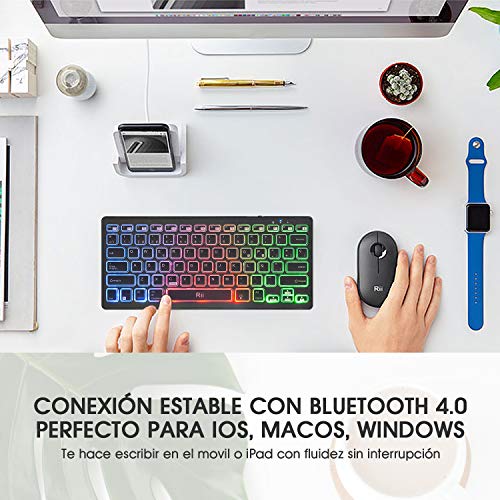 Rii K09 Teclado Inalámbrico Bluetooth, Teclado de Español RGB Colores Retroiluminado - Teclado Bluetooth 4.0 Ultra Delgado con Batería Recargable, Sistemas de iOS, Android, Windows