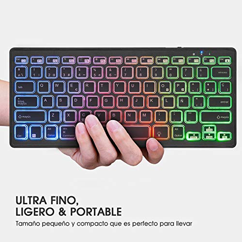 Rii K09 Teclado Inalámbrico Bluetooth, Teclado de Español RGB Colores Retroiluminado - Teclado Bluetooth 4.0 Ultra Delgado con Batería Recargable, Sistemas de iOS, Android, Windows