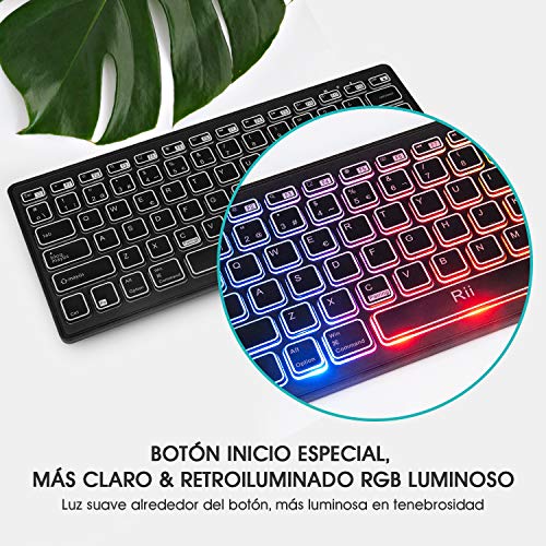 Rii K09 Teclado Inalámbrico Bluetooth, Teclado de Español RGB Colores Retroiluminado - Teclado Bluetooth 4.0 Ultra Delgado con Batería Recargable, Sistemas de iOS, Android, Windows