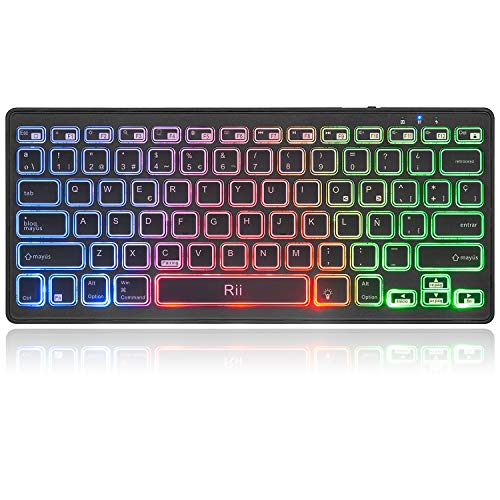 Rii K09 Teclado Inalámbrico Bluetooth, Teclado de Español RGB Colores Retroiluminado - Teclado Bluetooth 4.0 Ultra Delgado con Batería Recargable, Sistemas de iOS, Android, Windows