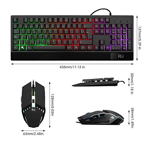 Rii Teclado Gaming RM400 Combo Rainbow Retroiluminación,Teclado y Ratón con Cable,ratón Gaming,12 eclas Multimedia y 19 Teclas Anti Fantasma para Windows/Vista/Linux/Mac （Teclado Español,Negro）