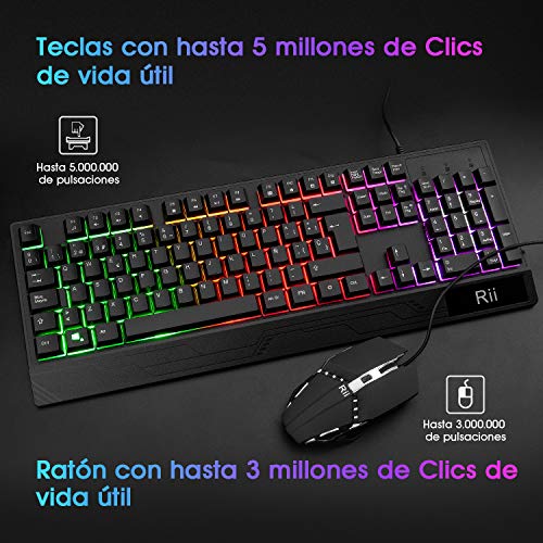 Rii Teclado Gaming RM400 Combo Rainbow Retroiluminación,Teclado y Ratón con Cable,ratón Gaming,12 eclas Multimedia y 19 Teclas Anti Fantasma para Windows/Vista/Linux/Mac （Teclado Español,Negro）