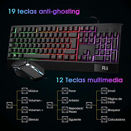 Rii Teclado Gaming RM400 Combo Rainbow Retroiluminación,Teclado y Ratón con Cable,ratón Gaming,12 eclas Multimedia y 19 Teclas Anti Fantasma para Windows/Vista/Linux/Mac （Teclado Español,Negro）